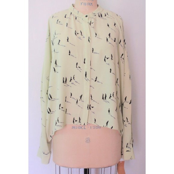RACHEL ROY MINT GREEN PEOPLE SILHOUETTE PRINT BLOUSE SHIRT L NWT - Picture 1 of 9